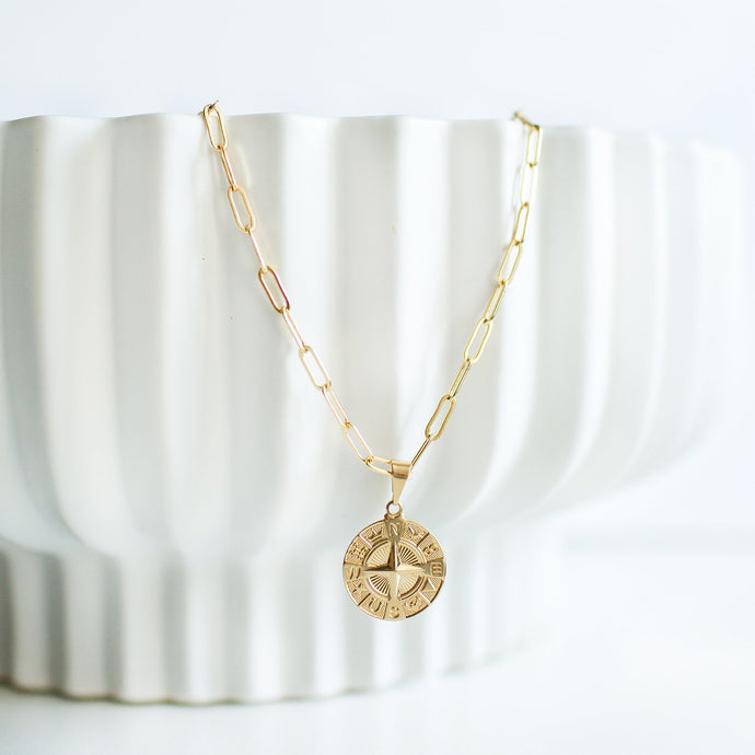 Paperclip Chain Gold Plated with Compass Pendant